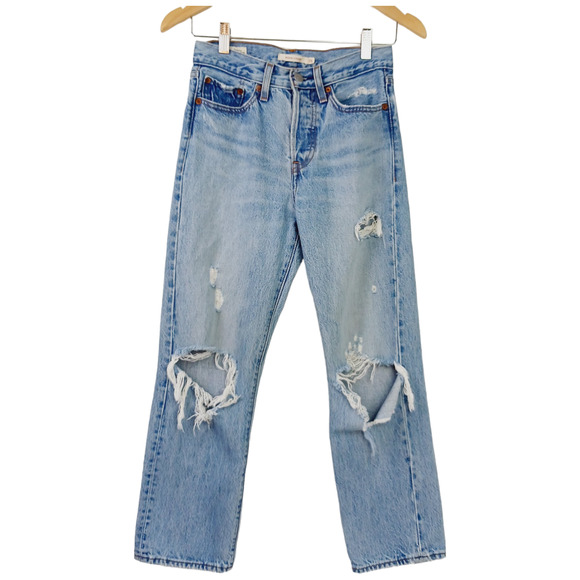 Levi's SZ 25/26 Premium Denim Wedgie Straight Jeans Whiskered Faded Shredded - Picture 10 of 10